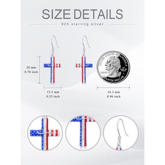 925 Sterling Silver Red White and Blue American Flag  Independence Day Earring - Picture 4 of 6